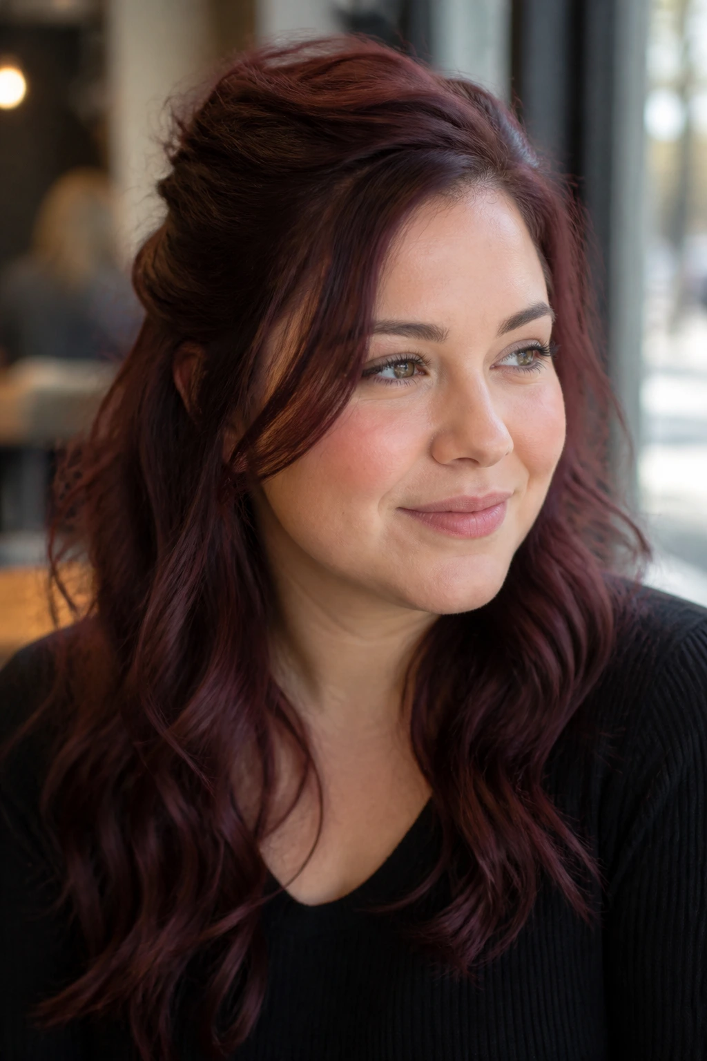 Real woman with half-up mahogany waves and crown lift