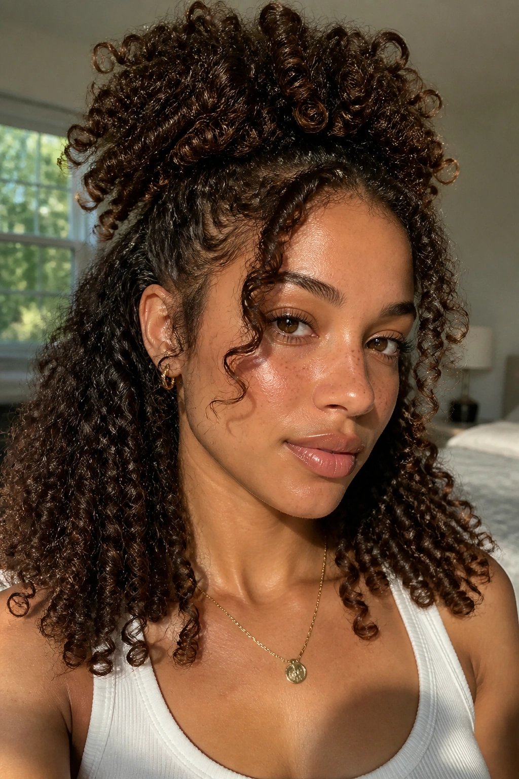 Close-up of a real woman with a half-up pineapple puff hairstyle