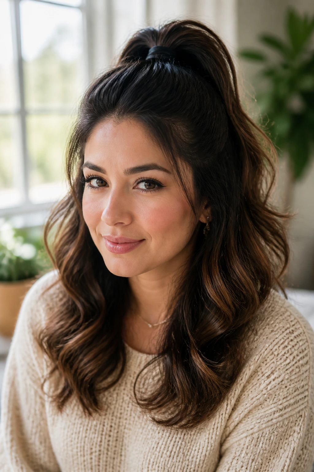 Real person with half-up high pony and loose waves.