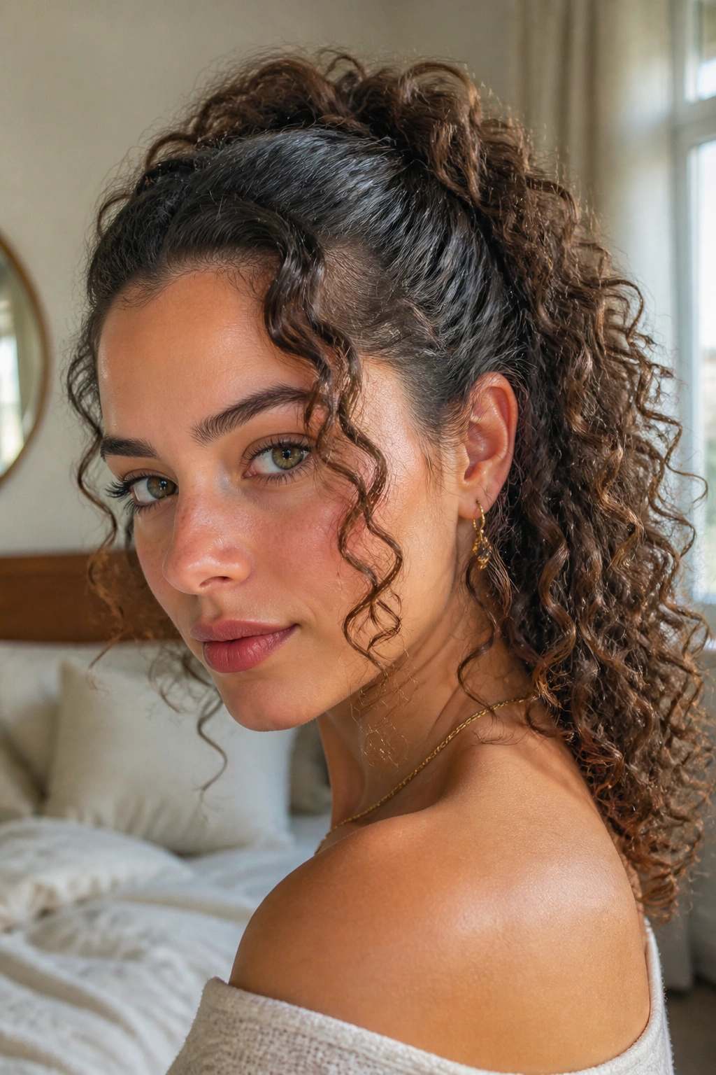 Close-up of a real woman with a half-up side ponytail in curly hair, warm natural light