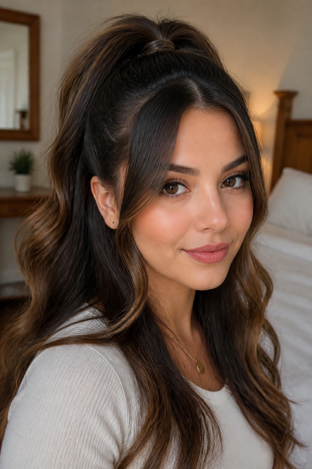 Close-up portrait of a real woman with a high half-up ponytail and curtain pieces in natural window light.