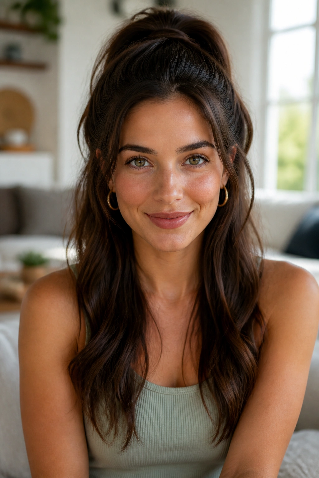 Close-up of real woman with half-up ponytail, top section raised and bottom hair down