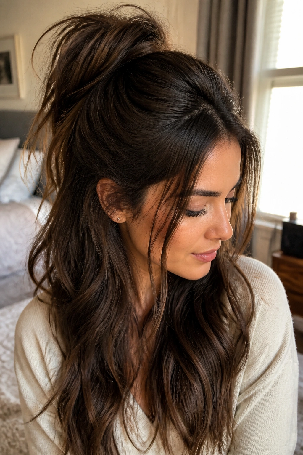 Close-up of a real woman with a half-up messy ponytail for thick hair, crown lift and flowing lower hair