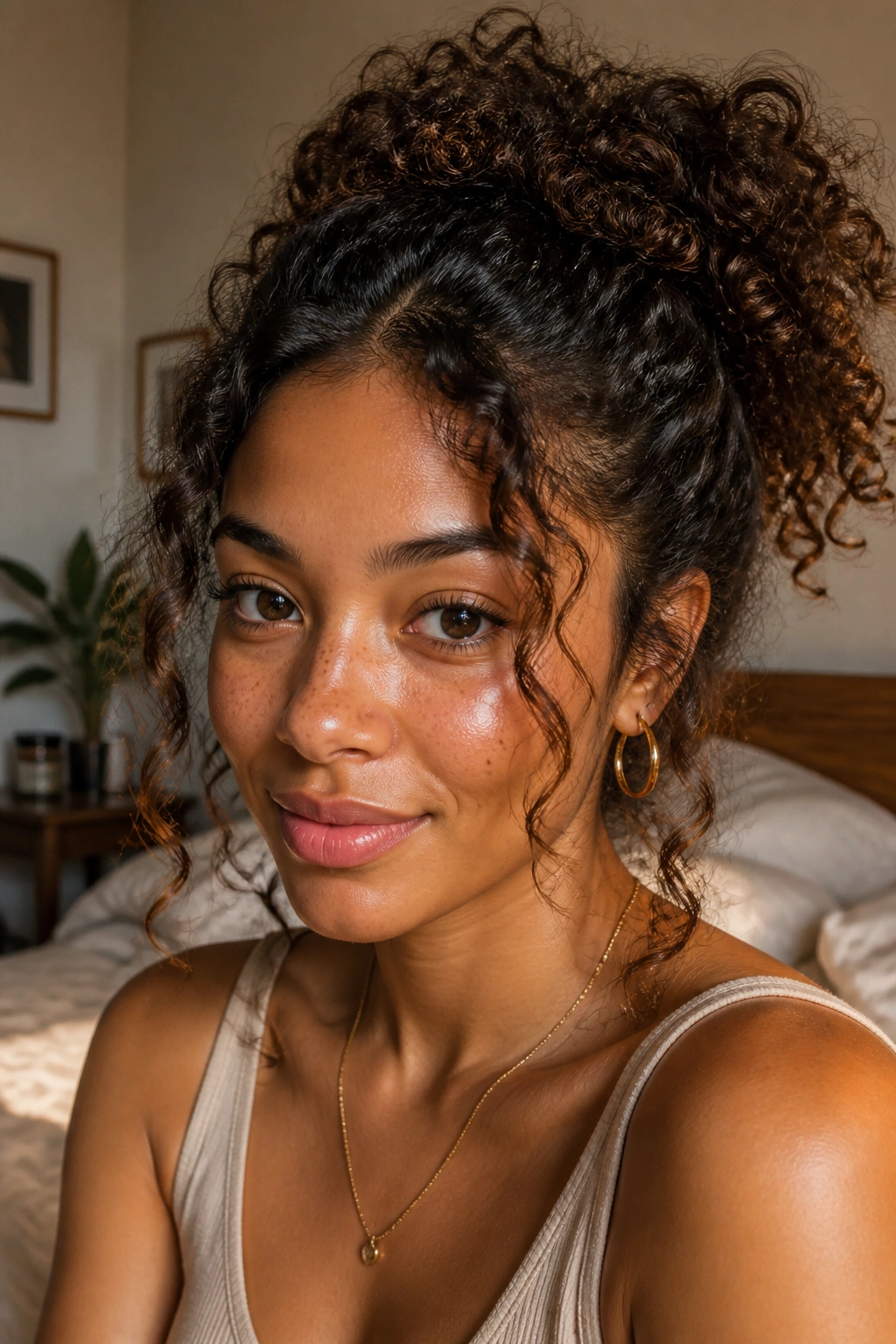 Close-up of a real woman with a half-up puff and loose face-framing curls under warm window light.