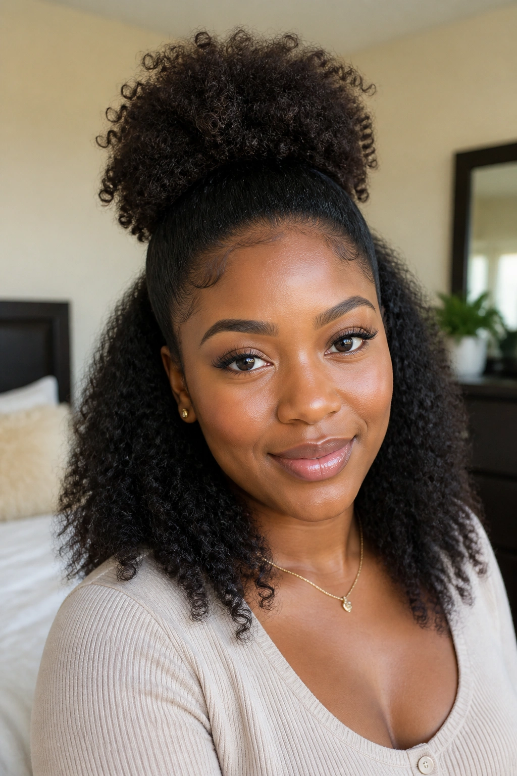 Close-up of a real person with a half-up half-down puff in a bright bedroom