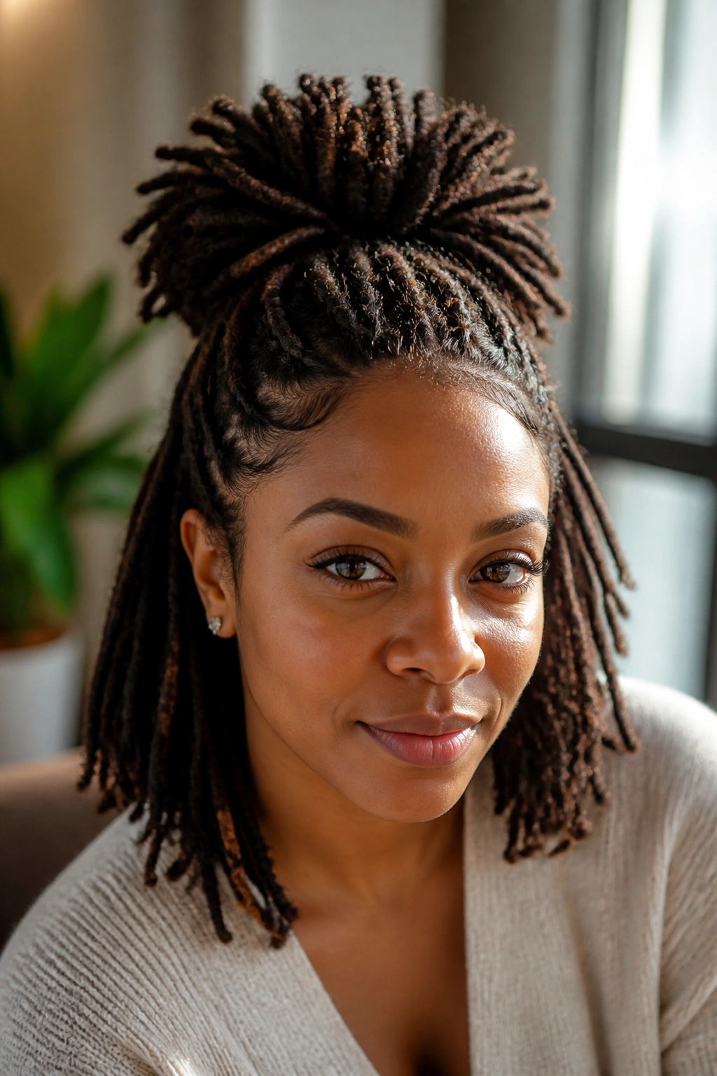 Portrait of a woman with a half-up loc puff.