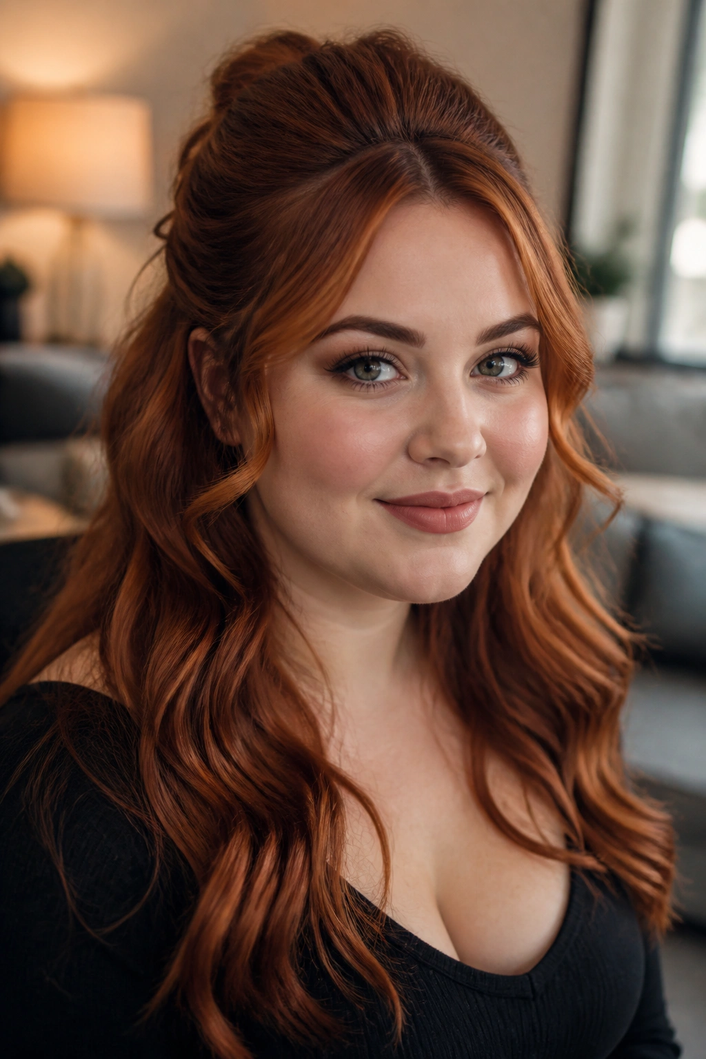 Half-up red waves with crown lift on a real woman, close-up portrait.