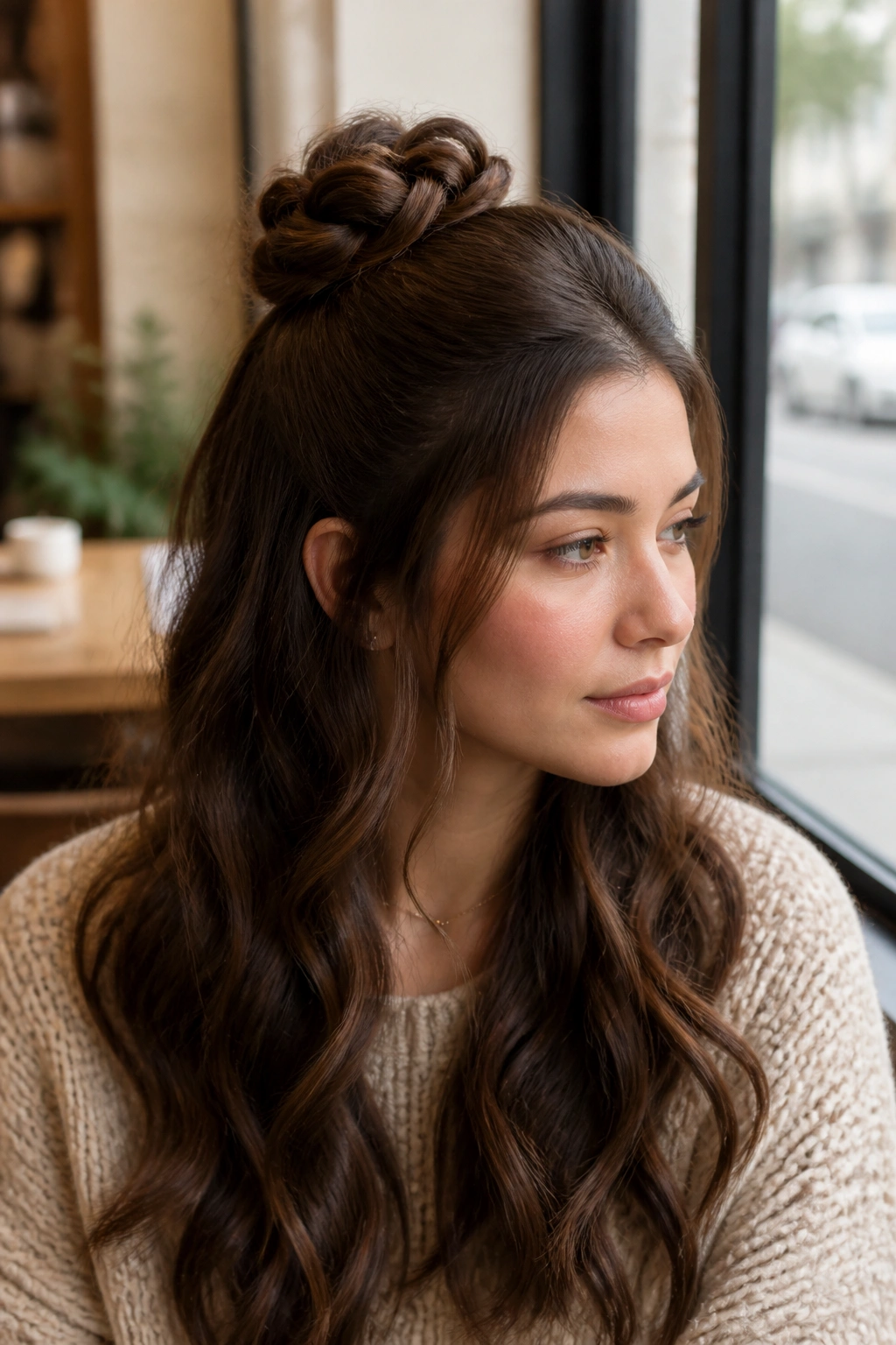 Woman with half-up rose twist and long waves at a cafe window