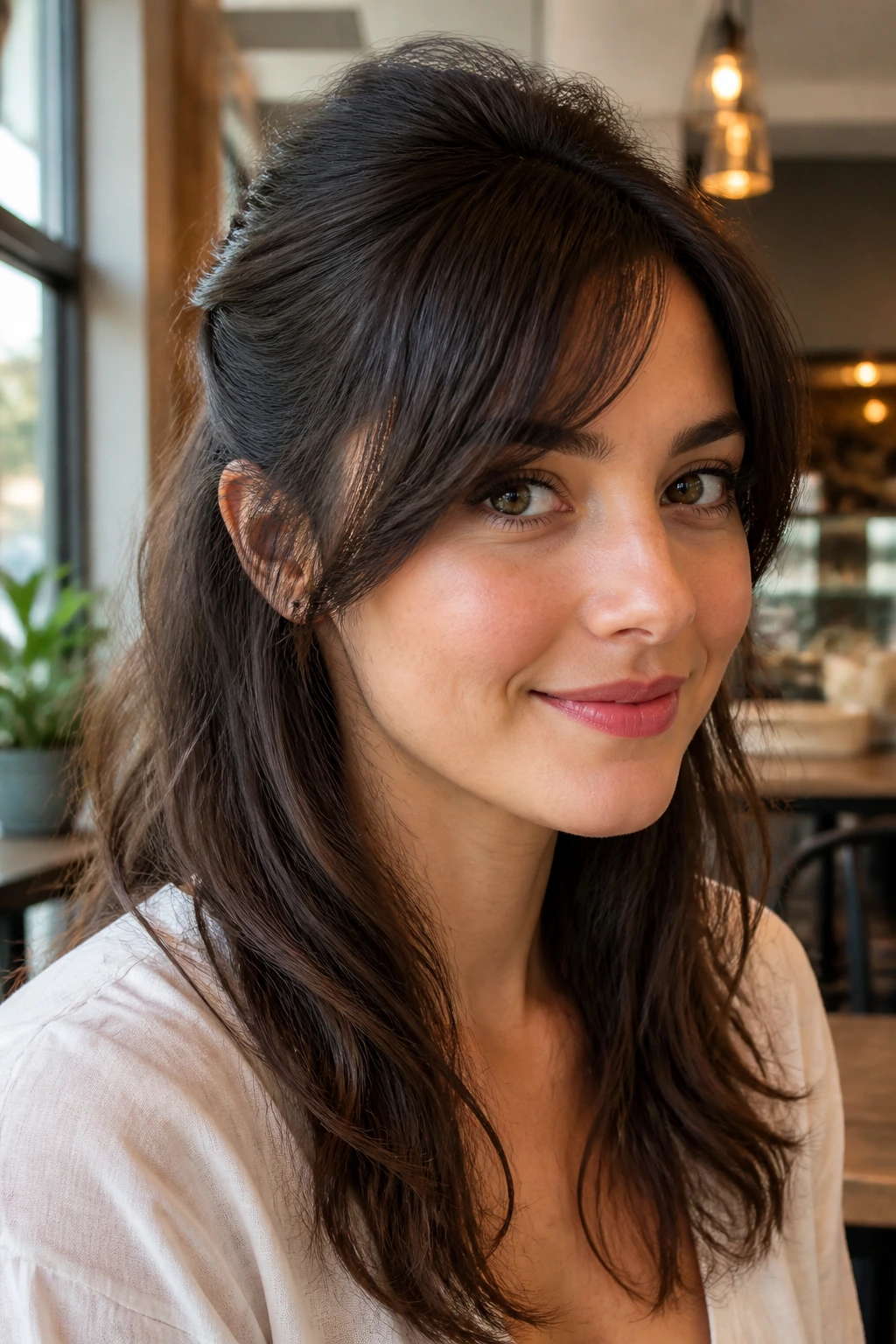 Close-up of a real woman with side bangs swept into a half-up style