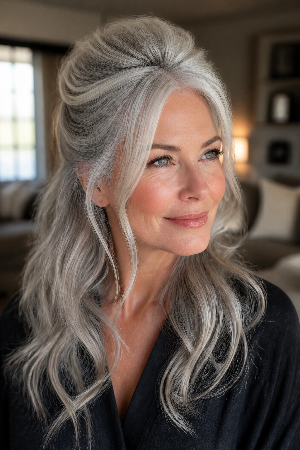 Close-up portrait of a real woman with half-up silver hairstyle and crown volume
