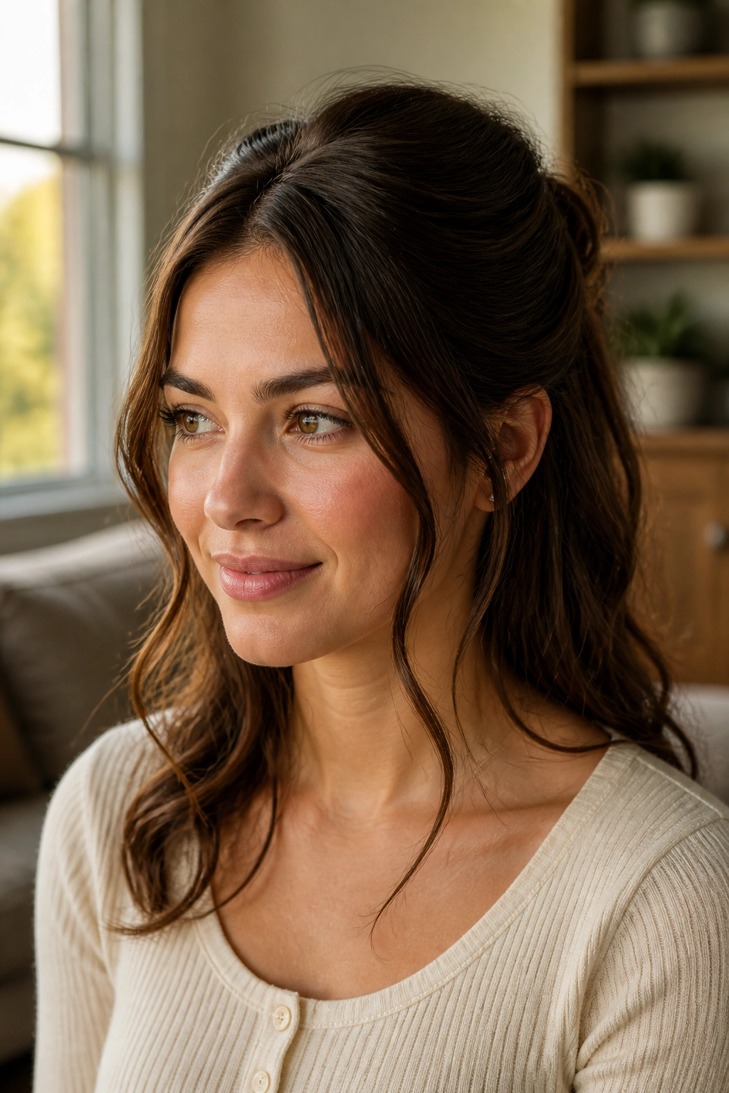 Portrait of a woman with half-up style and loose face tendrils.