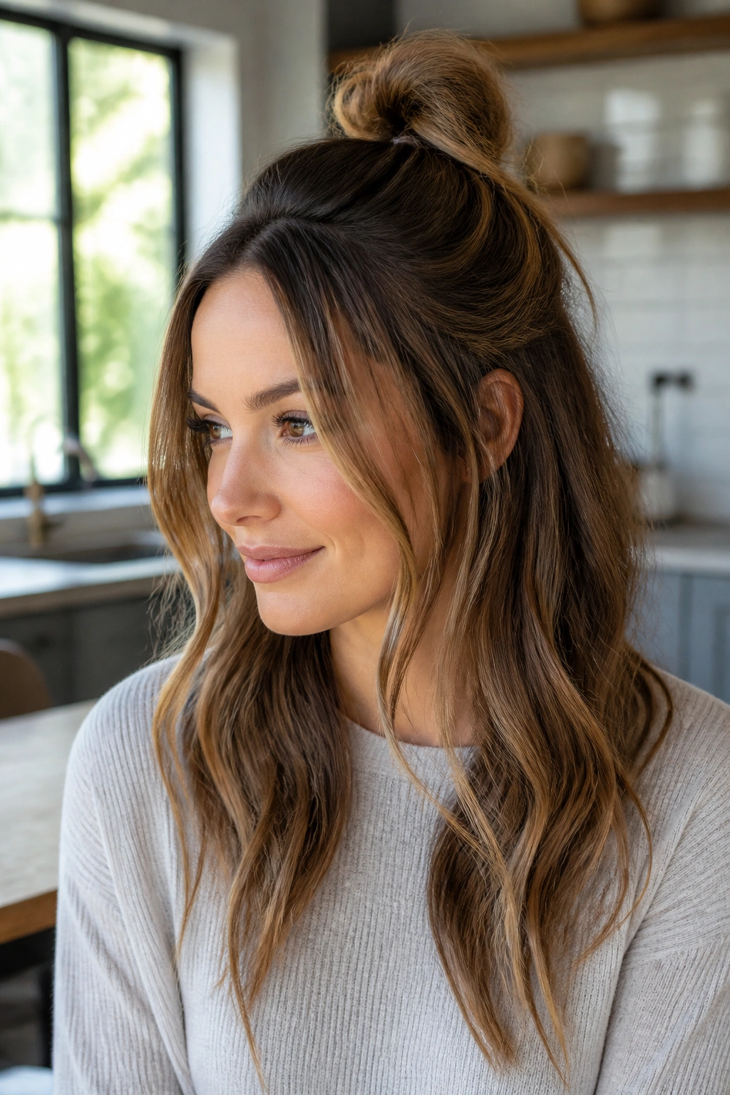 Portrait of a real woman with a small half-up top knot and loose face-framing pieces