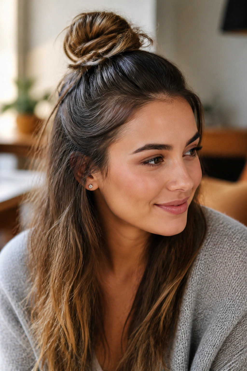 Close-up of a real woman with a half-up top knot and loose hair