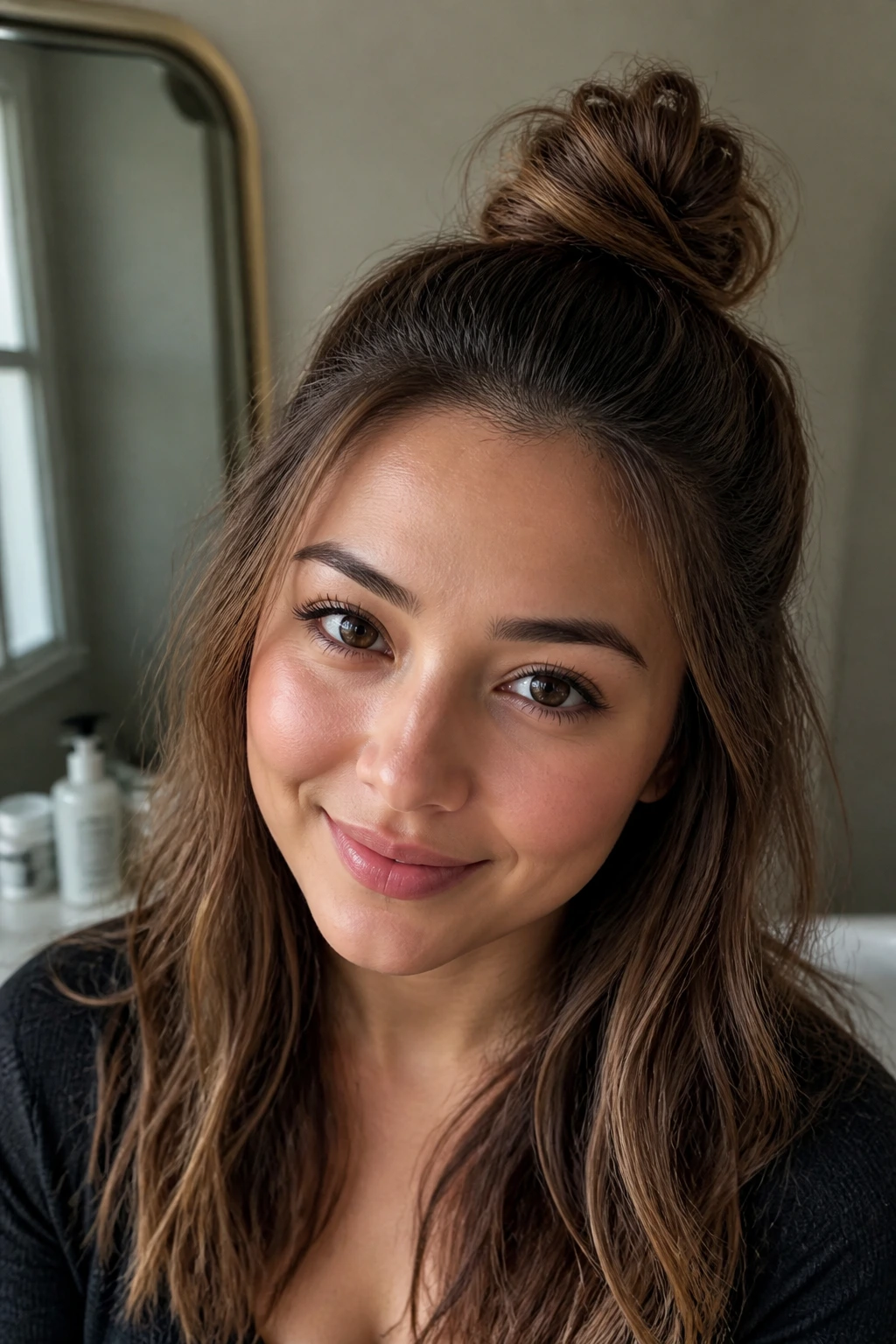 Close-up of a real woman with a half-up top knot