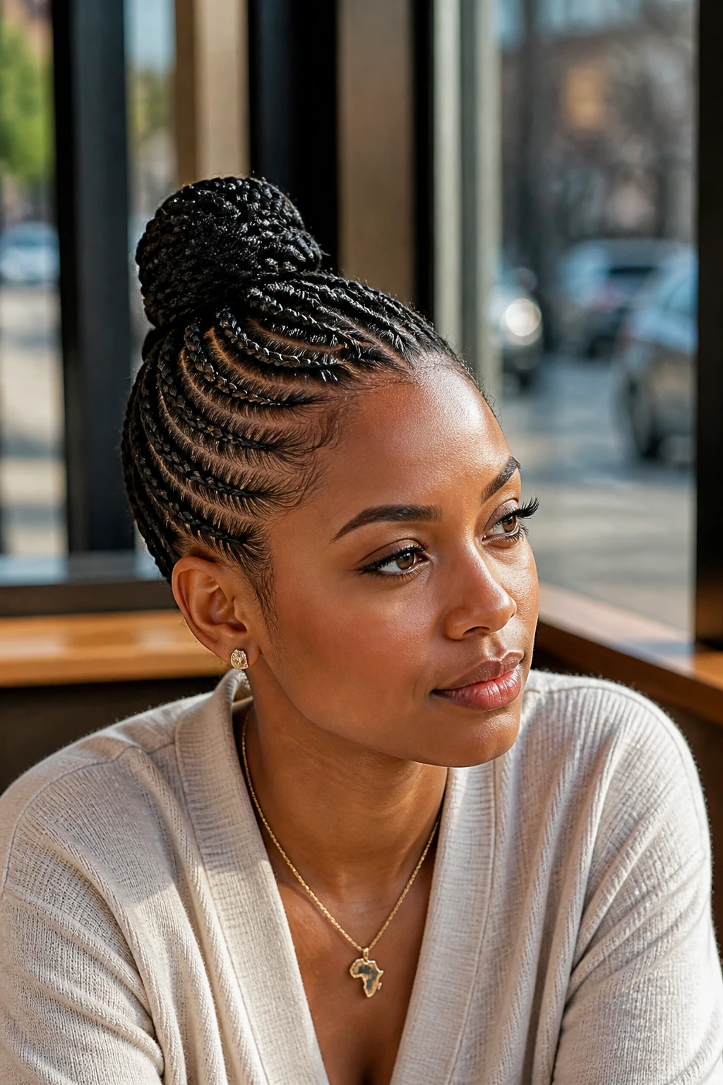 Real woman with half-up top knot and side cornrows in cafe light