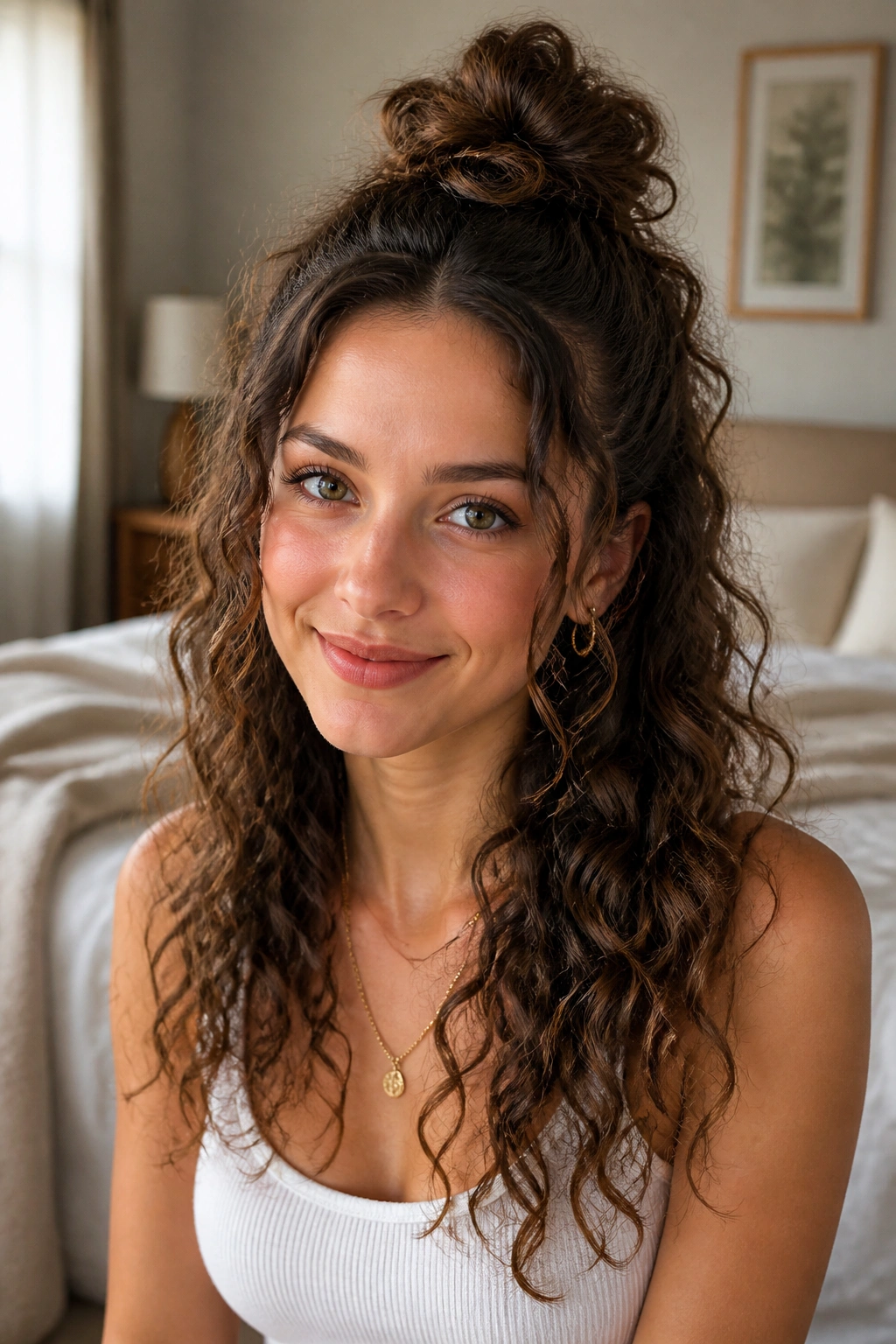 Portrait of a woman with a half-up top knot and loose curls