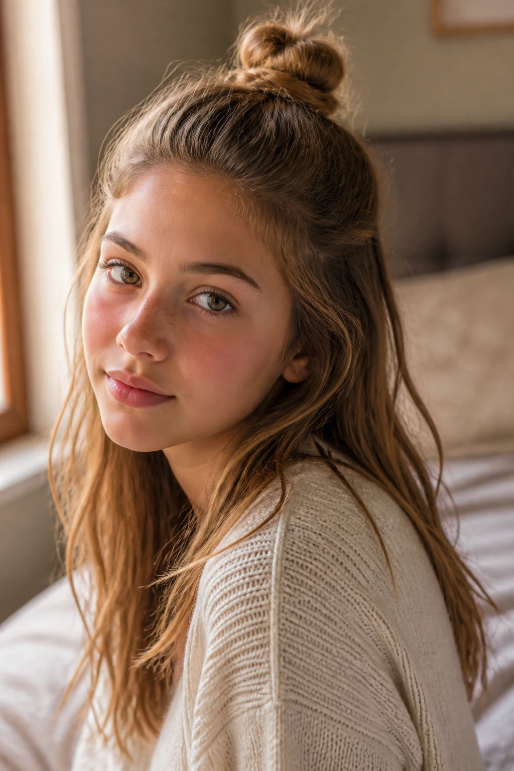 Close-up of a girl with a half-up top knot and loose waves