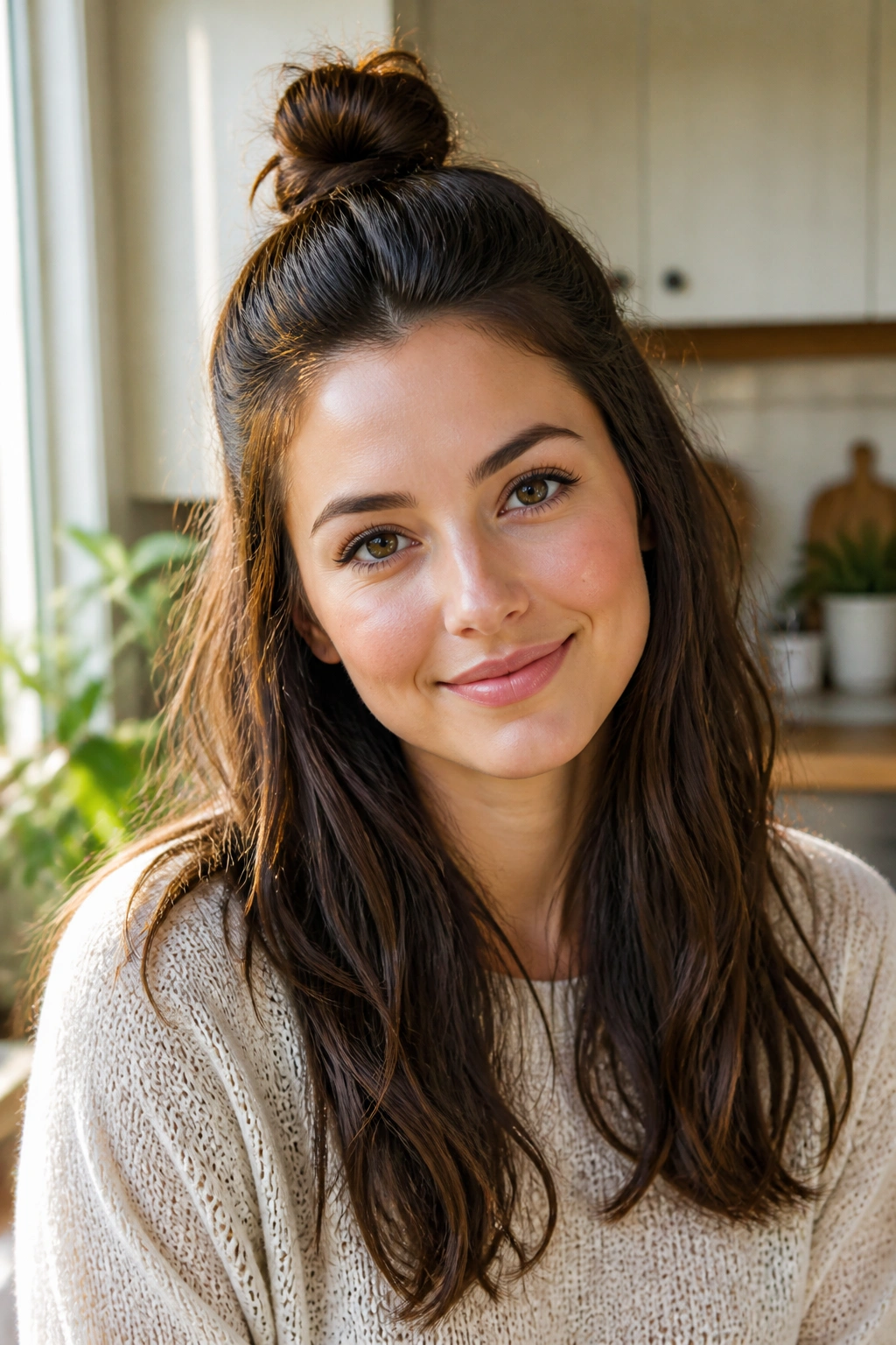 Portrait of a person with a half-up top knot and loose hair around the shoulders.