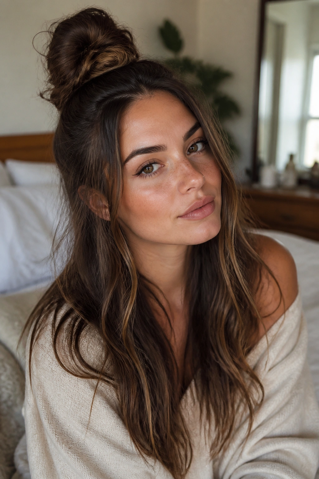 Close-up of a real woman with a half-up messy top knot