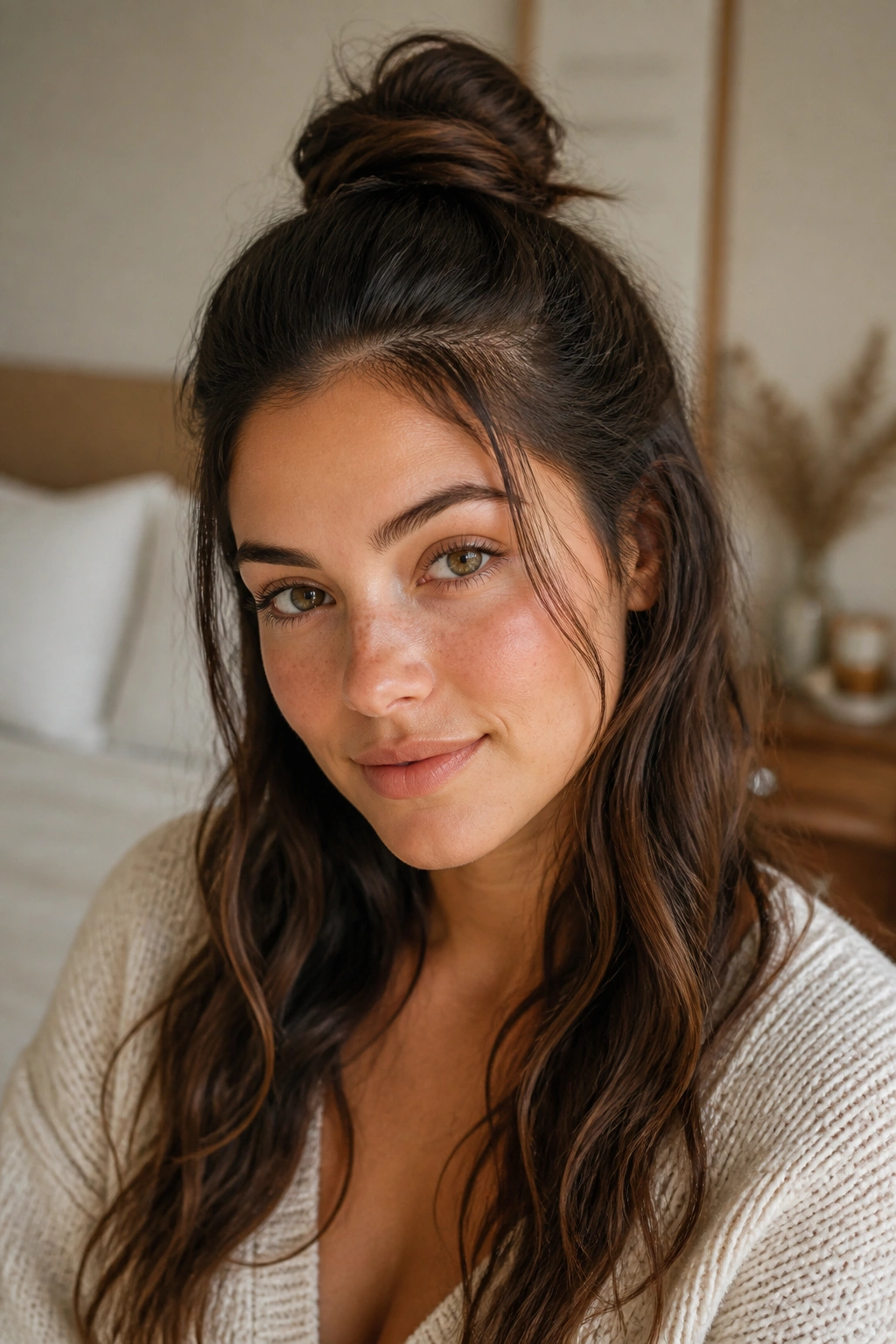Close-up of a real woman with half-up top knot and loose waves