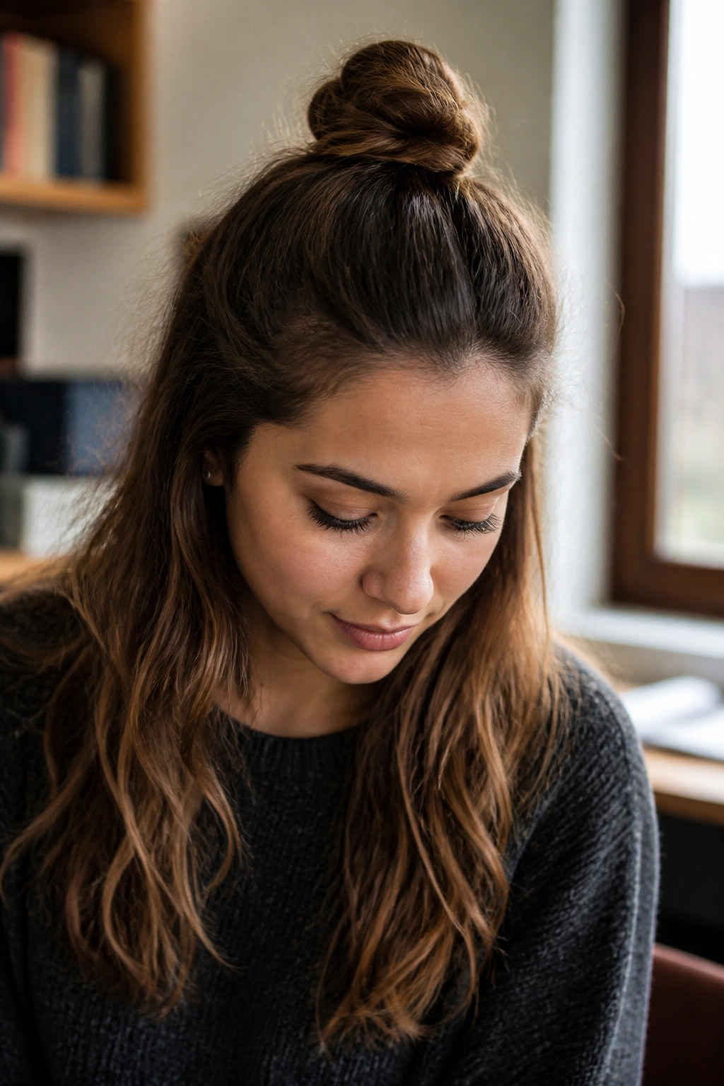 Close-up portrait of a real student with a half-up top knot.