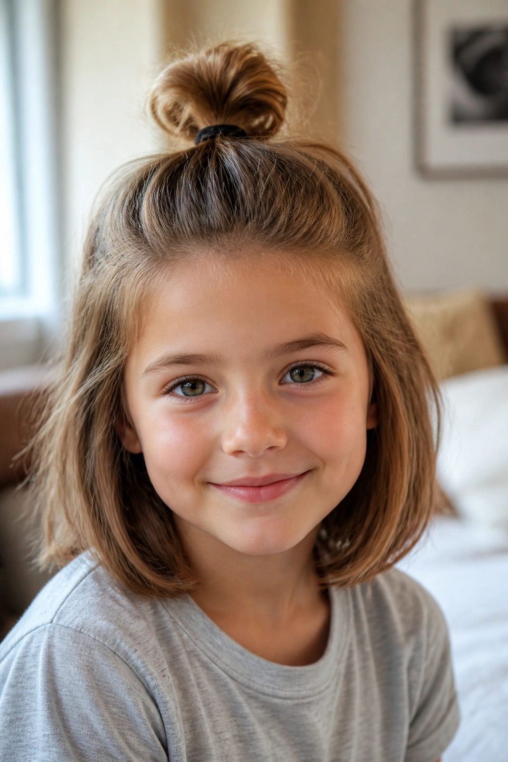Close-up of a girl with a half-up top knot hairstyle.