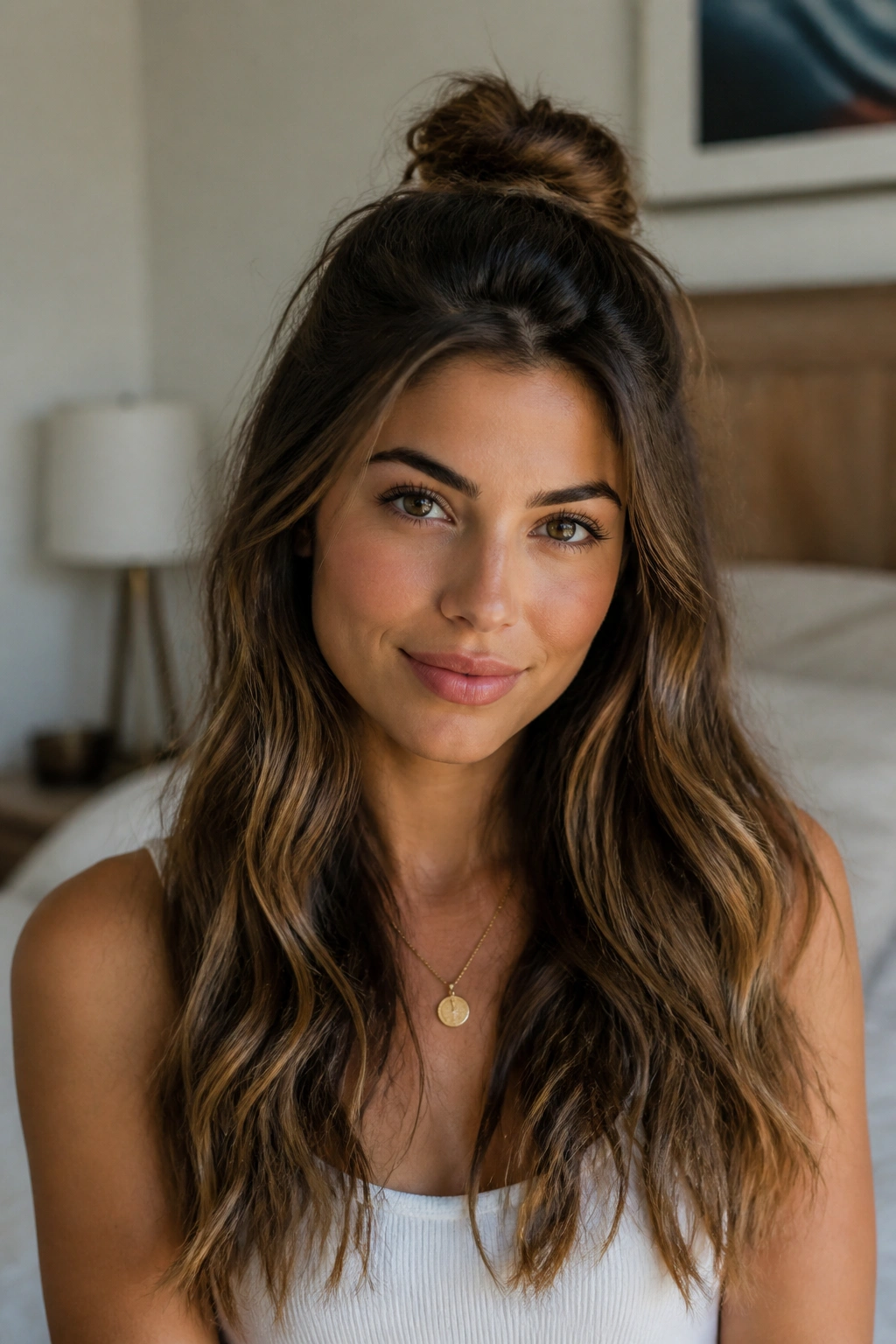 Close-up portrait of a real woman with a half-up top knot and loose ends on thick wavy hair