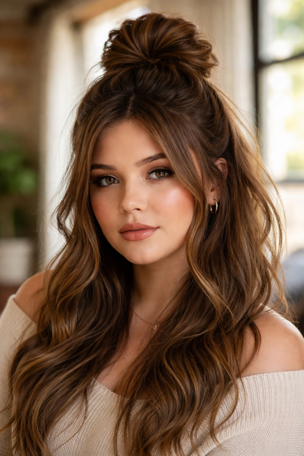 Real person with a voluminous half-up top knot hairstyle.