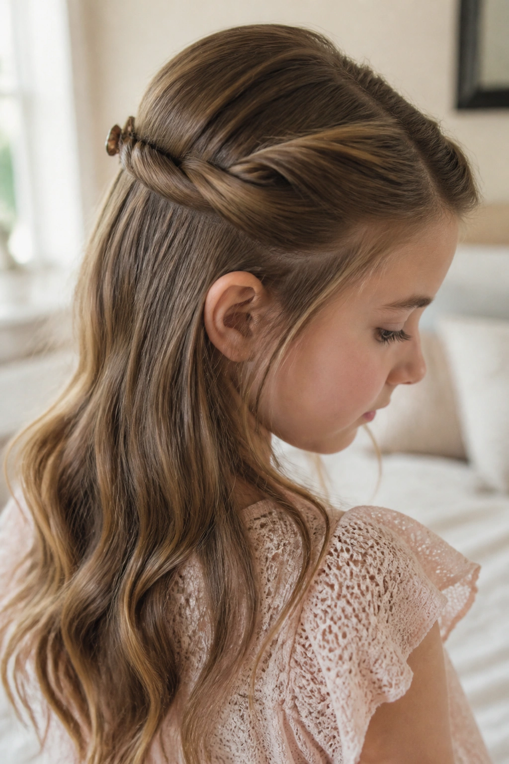 Close-up of a real girl with a half-up twist at the crown