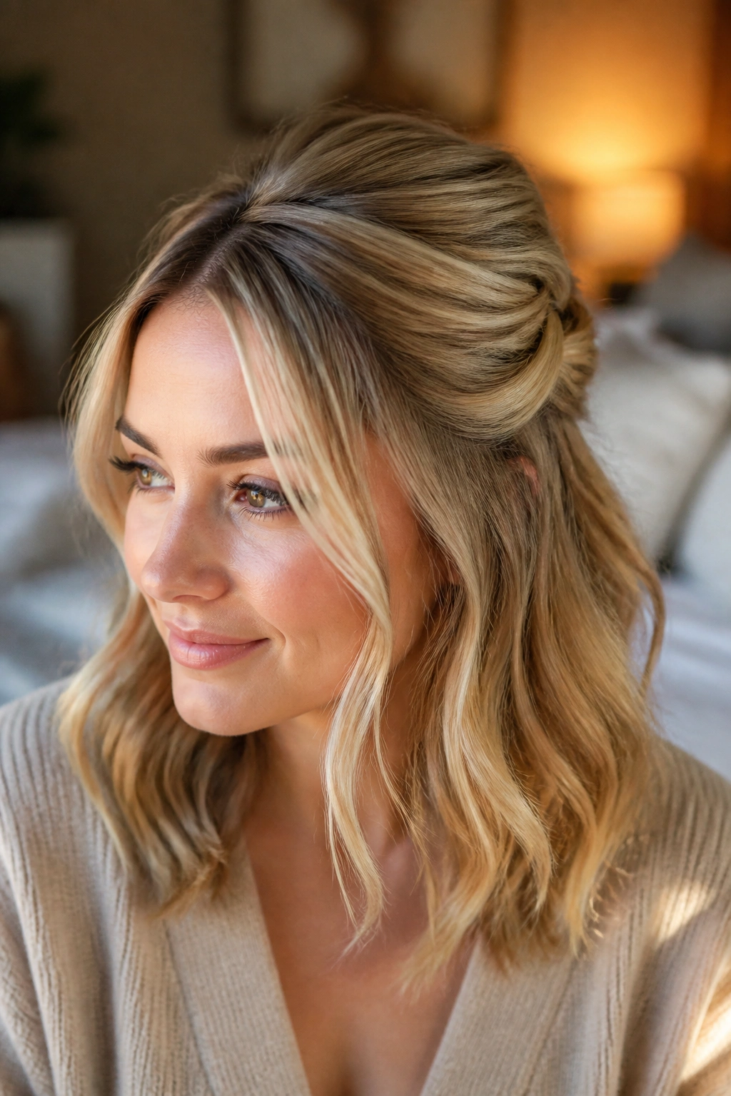 Close-up portrait of a real woman with a half-up twist on dimensional blonde hair, crown lift and face-framing pieces in natural light