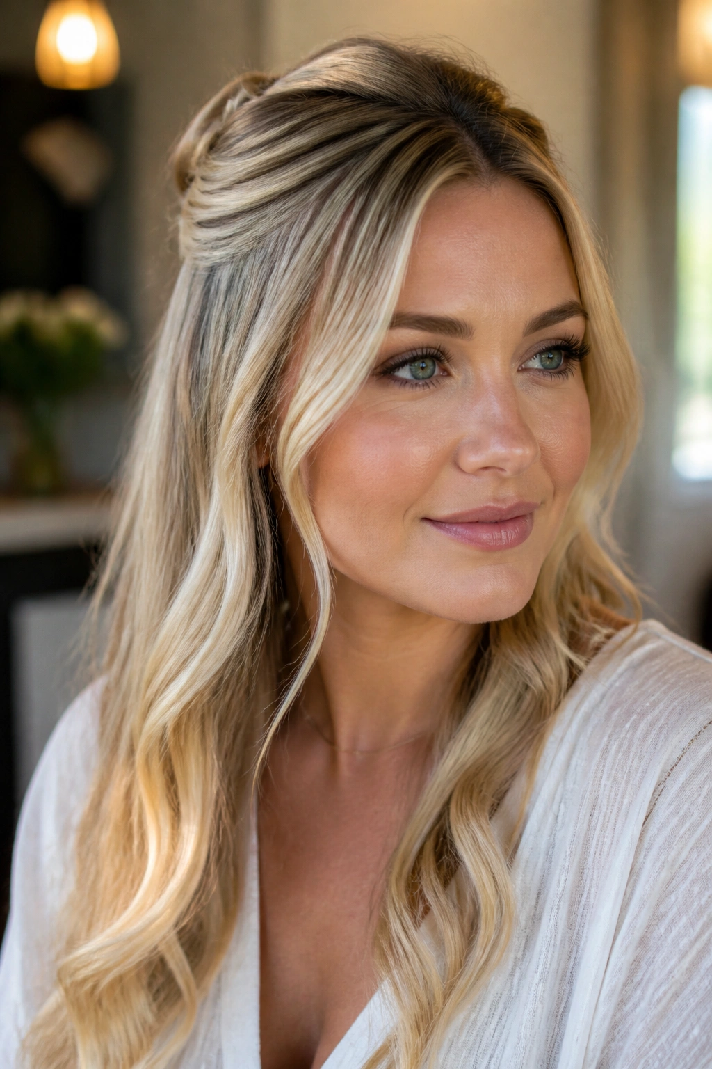 Close-up of a real woman with half-up twist in blonde hair, hair loose below
