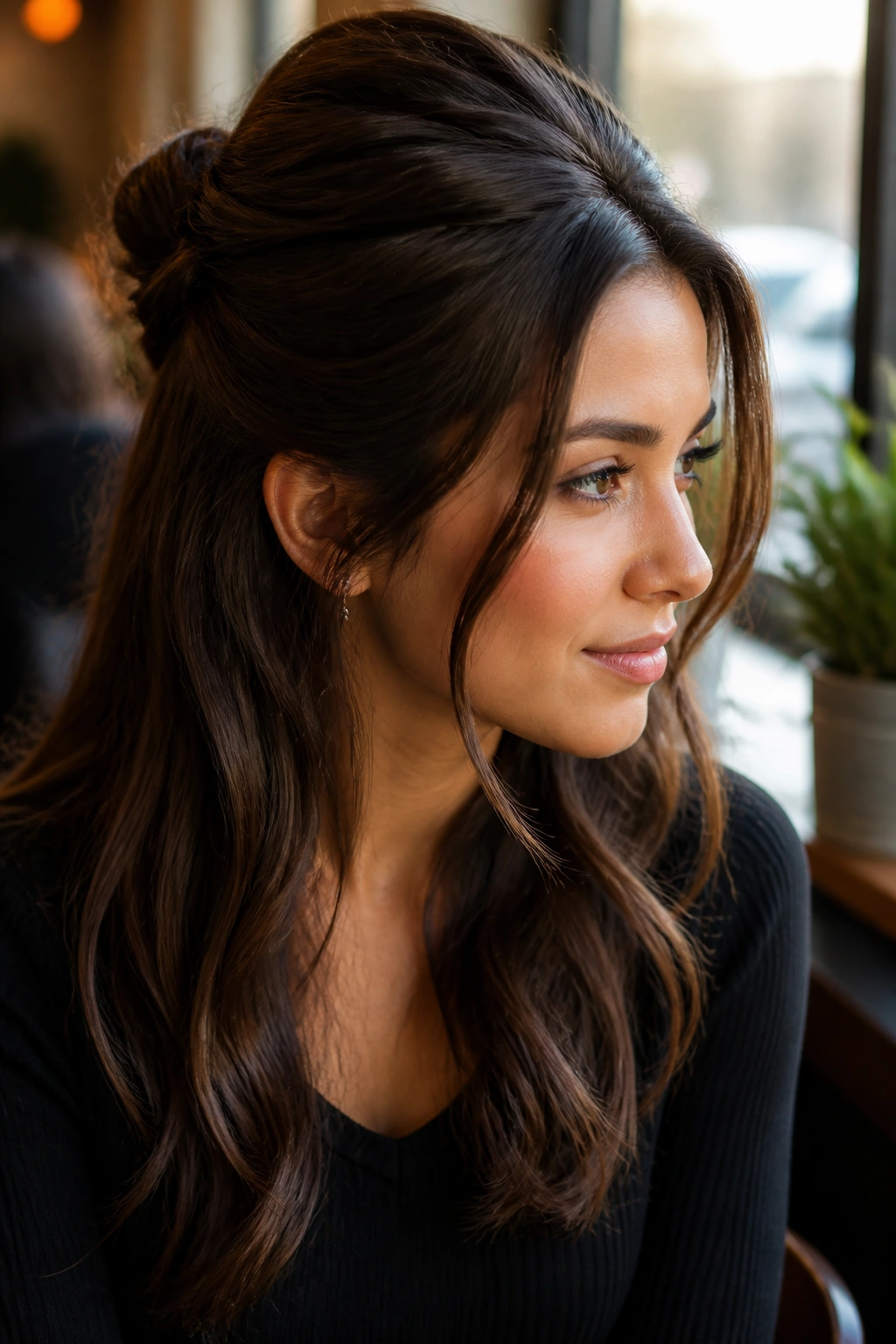 Portrait of a real woman with half-up twist and crown lift