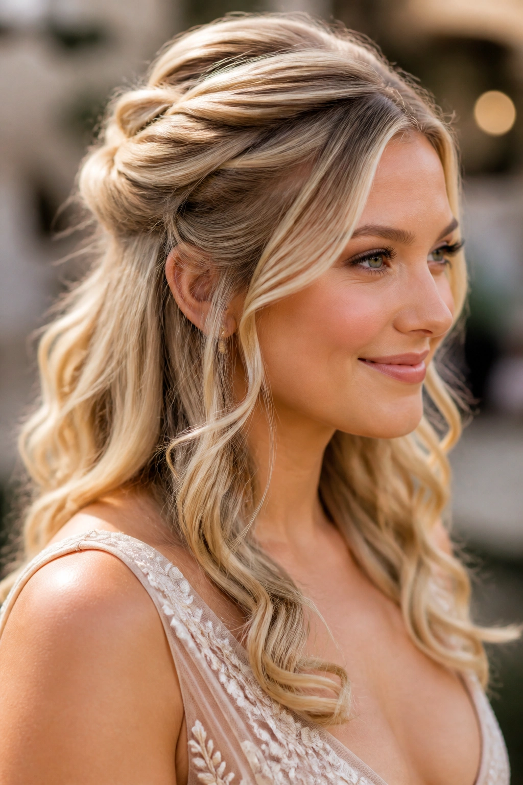 Close-up of a woman with half-up twist and loose blonde curls