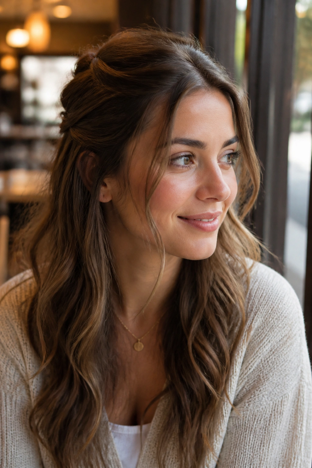 Close-up of a real woman with a half-up twist and face-framing pieces