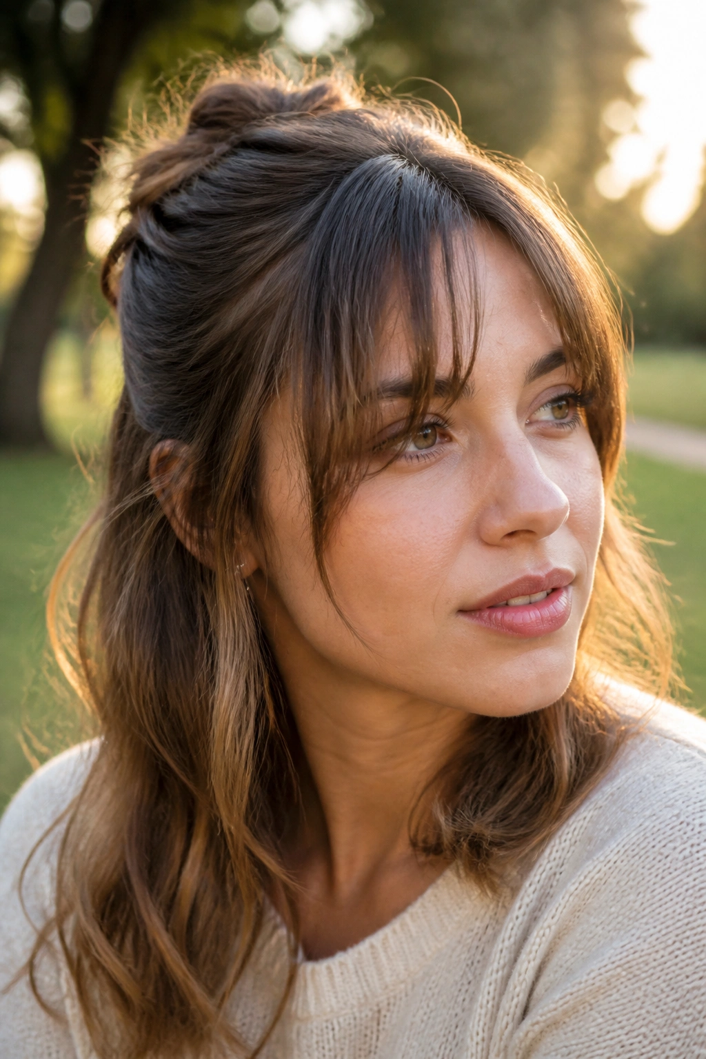 Close-up portrait of a real woman with a half-up twist and separated fringe, outdoor golden hour lighting