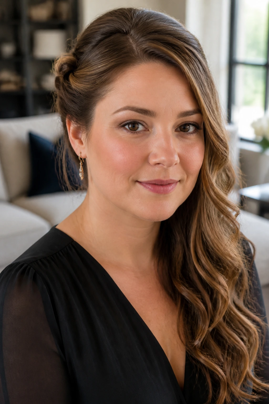 Close-up of a woman with a half-up twist and side-swept lengths