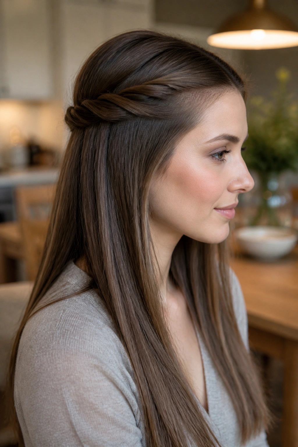Close-up of a woman with a half-up twist in long straight hair