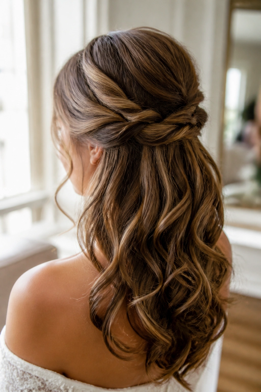 Close-up of a real woman with half-up twist and loose curls