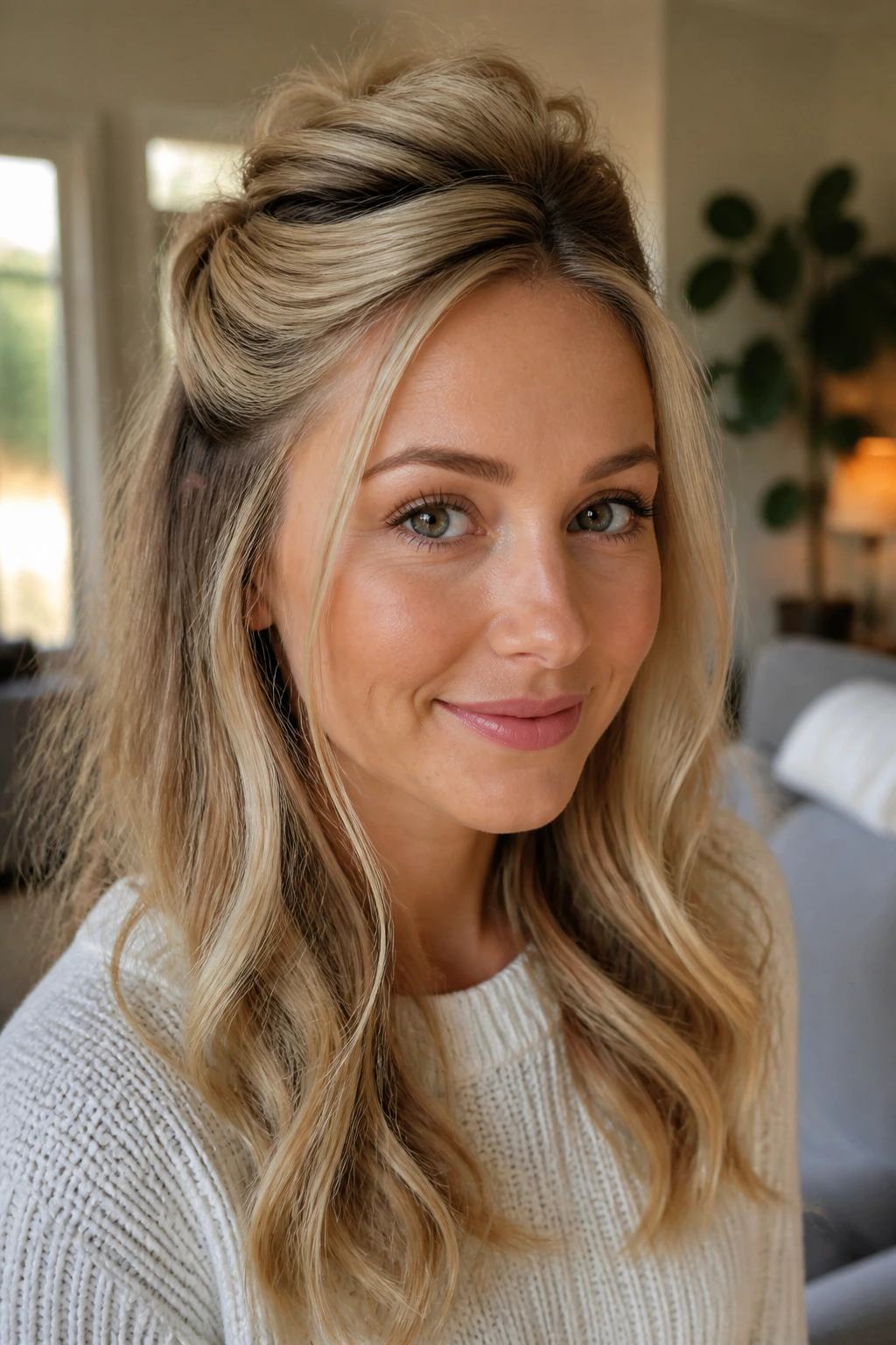 Close-up of real woman with half-up twist and loose ends