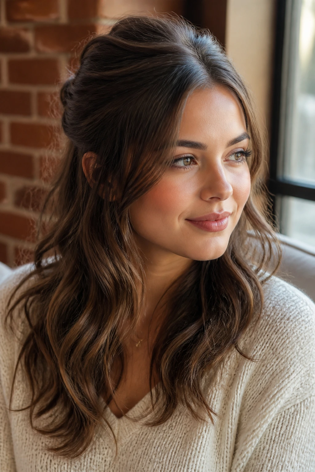 Close-up of a real woman with half-up twist and loose lengths hairstyle
