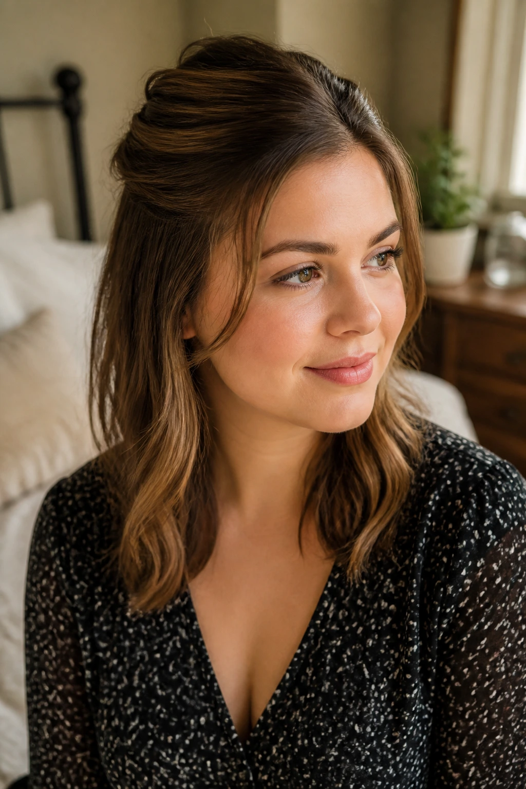 Real person with a half-up twist hairstyle, loose length around shoulders