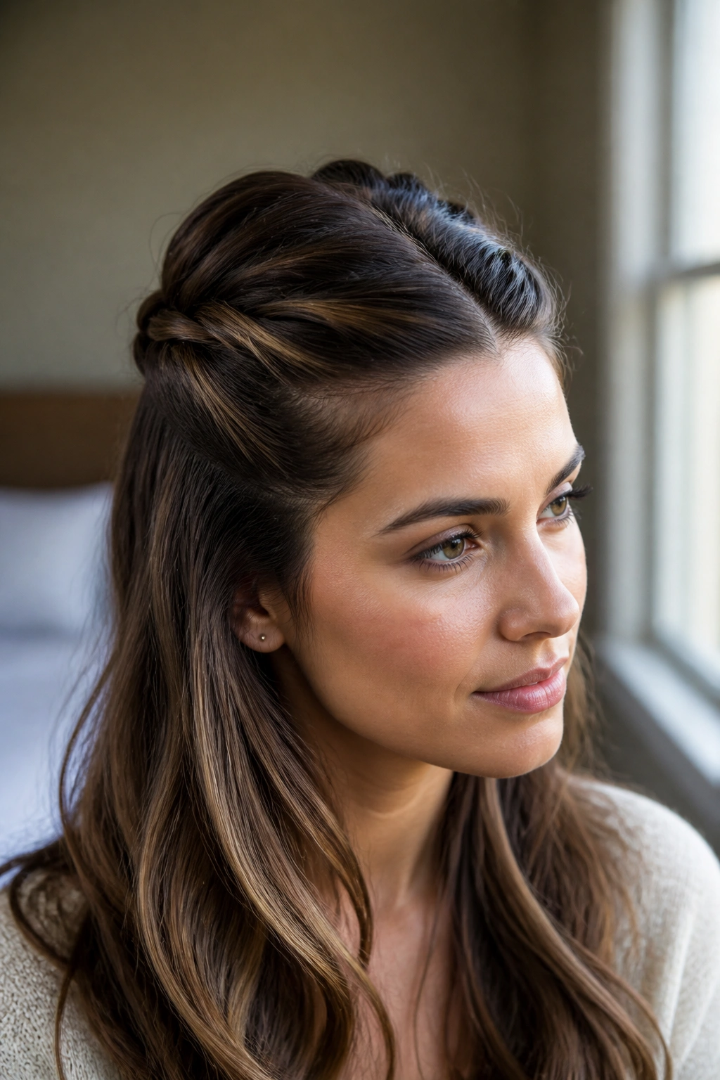 Close-up of a real woman with the classic half-up twist at the crown