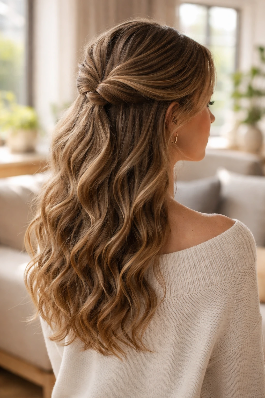 Real woman with half-up twist and loose waves