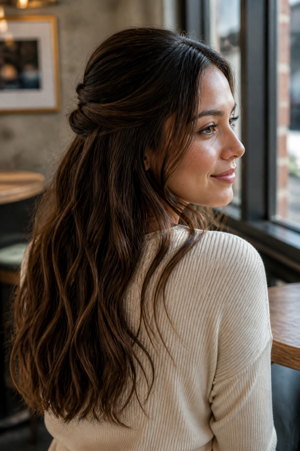 Close-up of a real woman with a half-up twist and soft waves