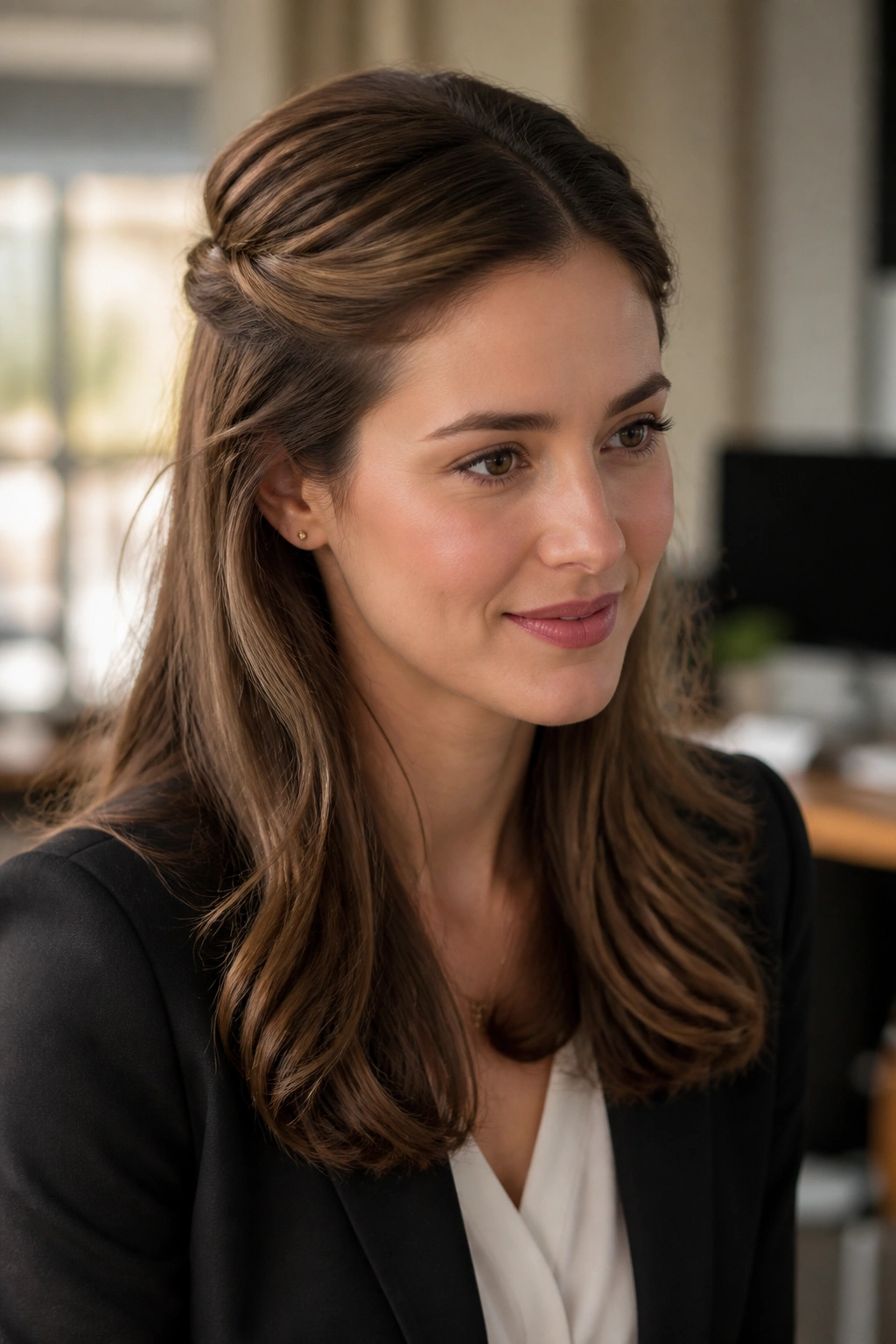 Close-up of a woman with a half-up twist in an office setting