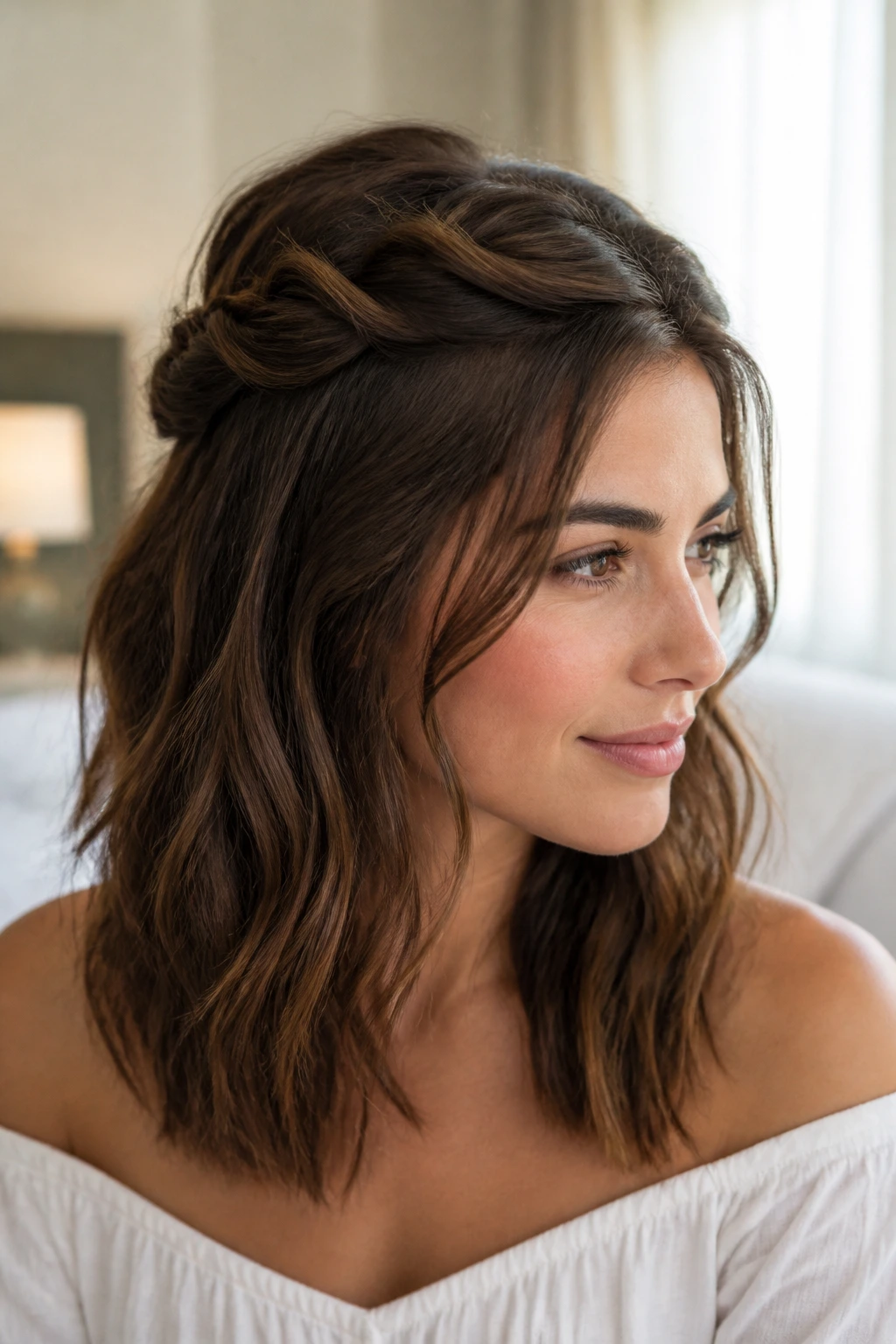 Close-up of a real woman with a half-up twisted crown hairstyle