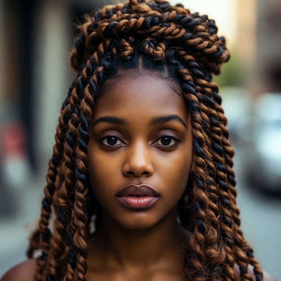 Close-up portrait of a real woman with half-up half-down twists in a cafe setting
