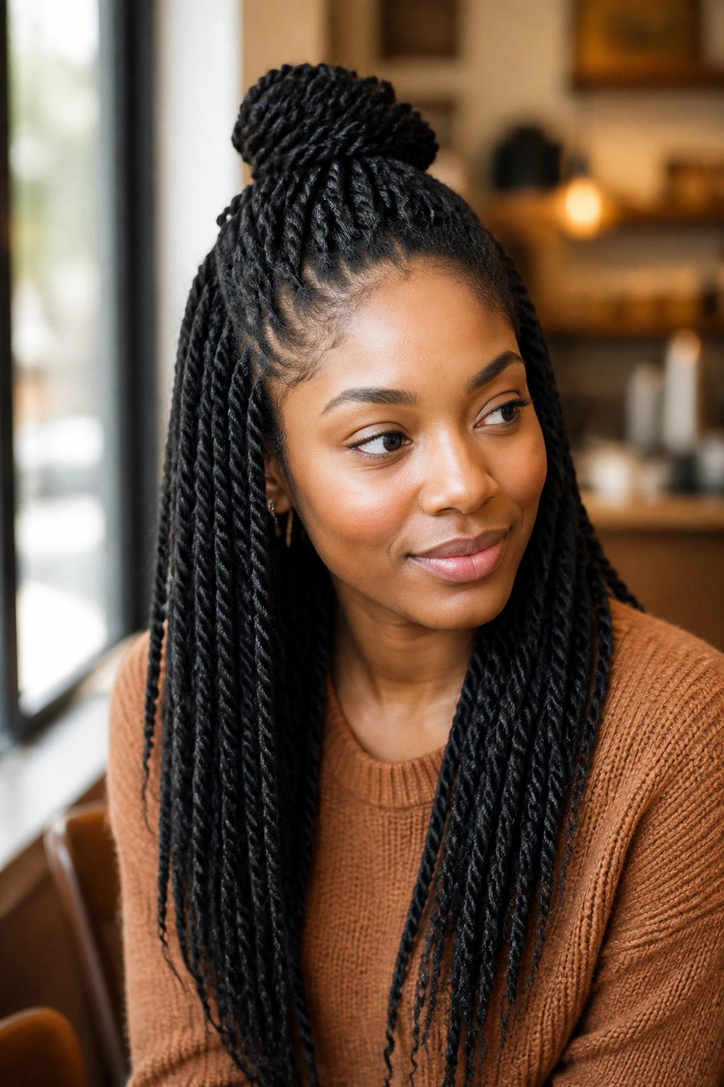 Close-up of a real woman with half-up half-down twists in a cafe setting