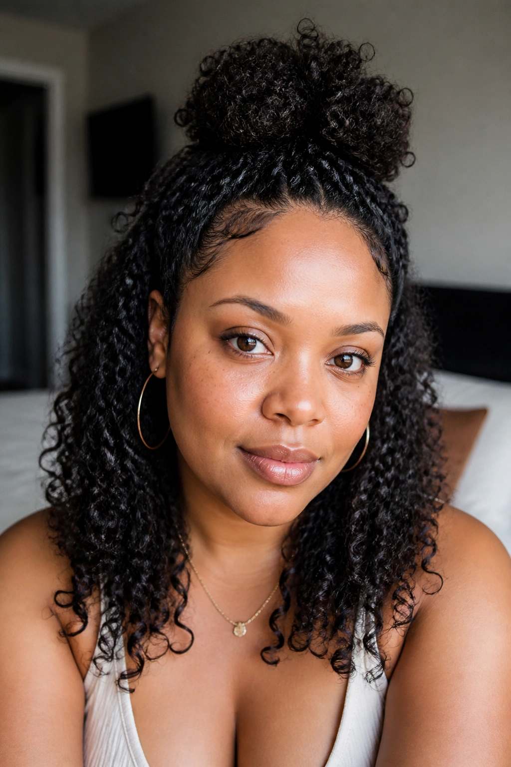 Real woman with half-up half-down wash-and-go for round face in window light