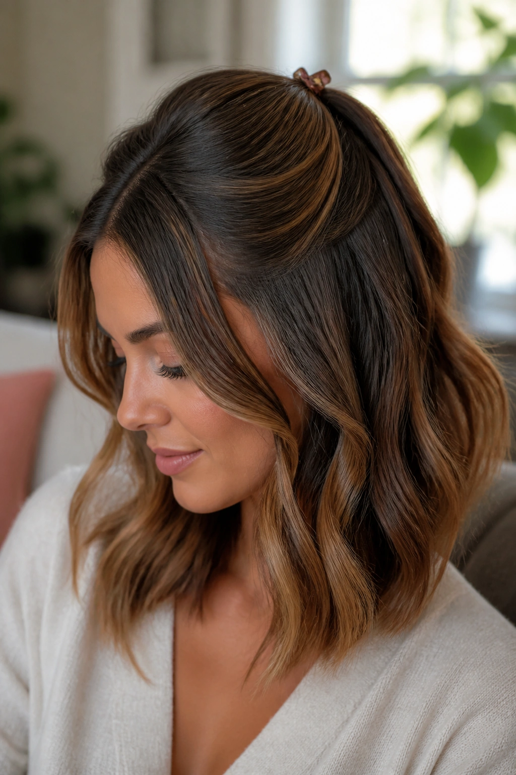 Close-up of a real woman with half-up soft waves and a small clip at the crown